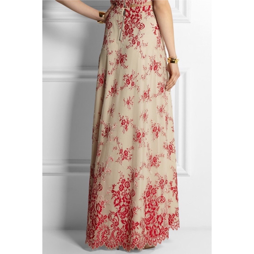 Alice + Olivia Kira Maxi Dress Embroidered Floral Sheer Nude Red Romantic Size 6 - Picture 2 of 9